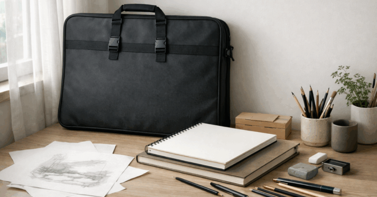 Artist Organizing Artwork into a Portfolio Bag on a Workspace