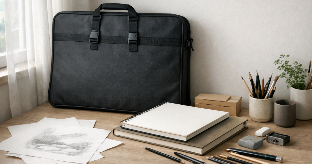 Artist Organizing Artwork into a Portfolio Bag on a Workspace