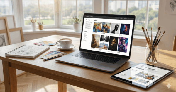PDF Art Portfolio Layout Displayed on Laptop and Tablet